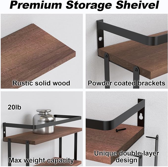 RICHER HOUSE 3+1 Tier Wall Mounted Floating Shelves Set of 2, Rustic Wood Wall - Image 3