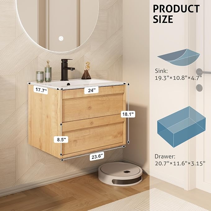 eclife 24" Floating Bathroom Vanity Sink Combo, Wall Mounted Modern Minimalist - Image 7