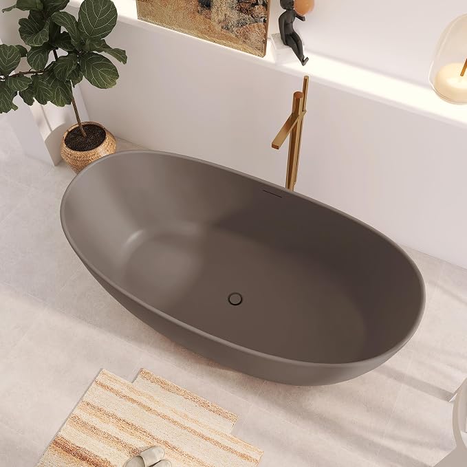 65" Premium Solid Surface Freestanding Bathtub, Contemporary Design Stand Alone - Image 3