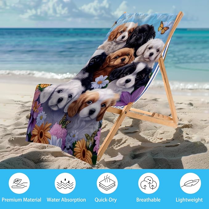 WZOMT Microfiber Dog Beach Towel, Cute Dog Bath Towels, Funny Puppy and Flowers - Image 2