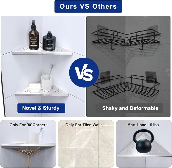 10" Corner Shower Shelf, Recessed Corner Shelf Organizer Rack, No Drilling - Image 5