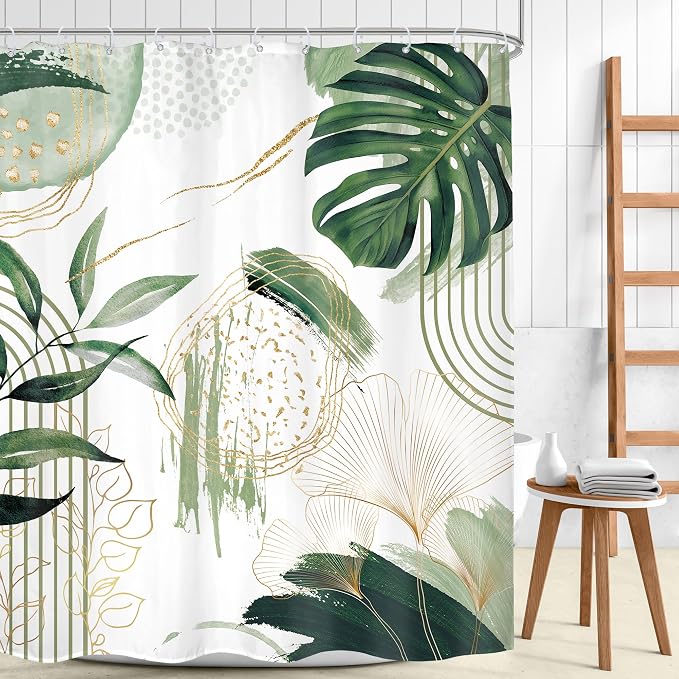 Sage Green Boho Shower Curtain 72Wx78H Mid Century Modern Tropical Palm Leaves - Image 2