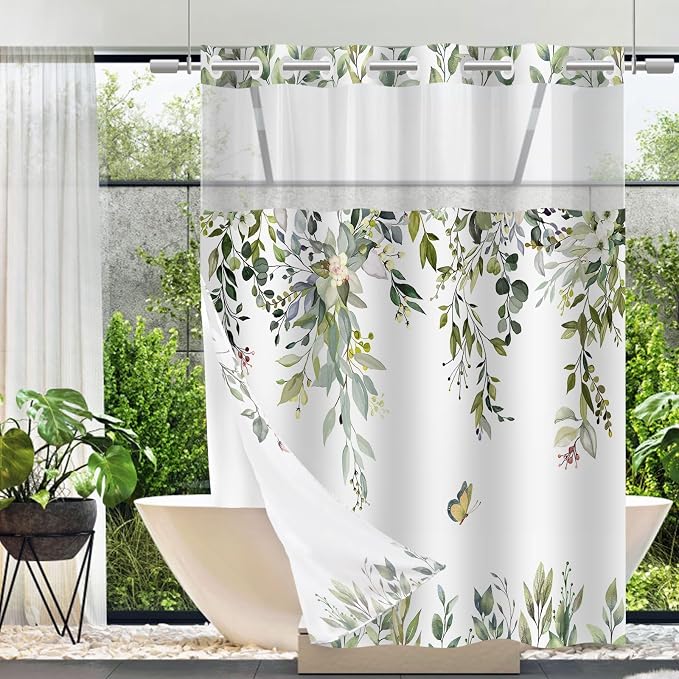 No Hook Shower Curtain and Liner Set, Sage Green Eucalyptus Floral Shower by TWLSNCD