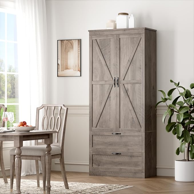 HOSTACK 70" Tall Kitchen Pantry Storage, Barn Doors Pantry Cabinet - Image 4