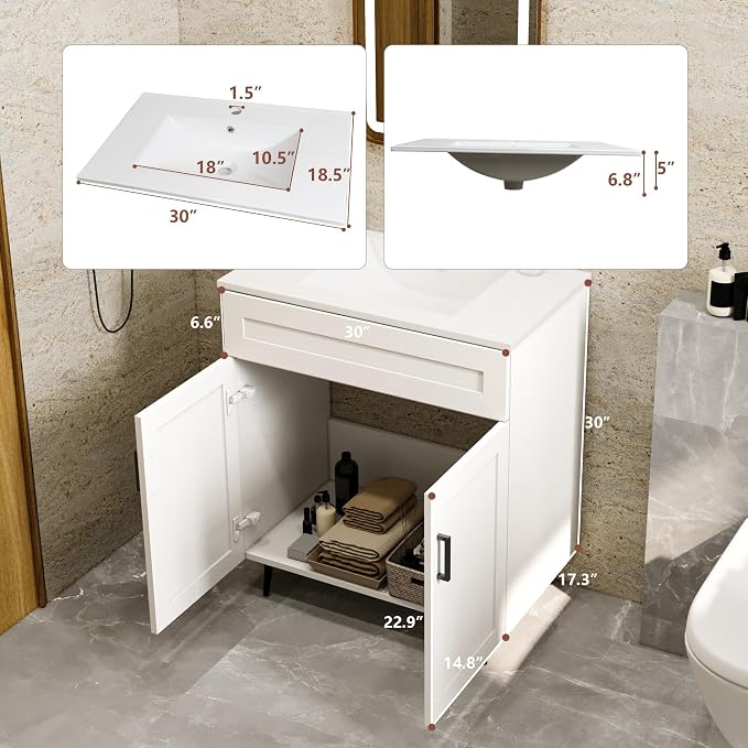 30" Bathroom Vanity with Sink, Freestanding Wooden Bathroom Vanity with 2 Doors - Image 2