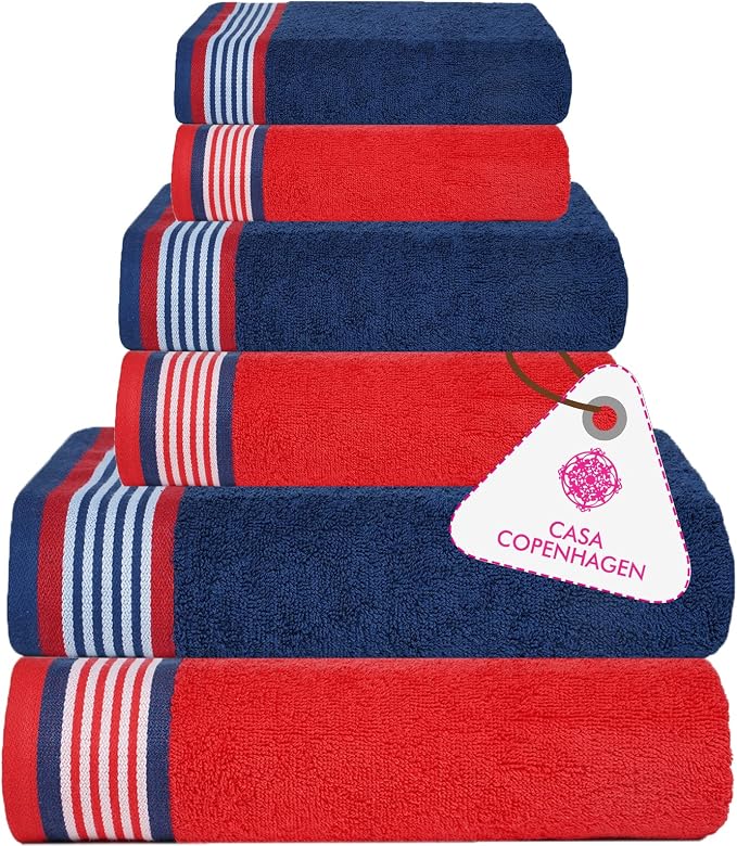 CASA COPENHAGEN He & She 6 Pieces Towel Set- American Blue + Red, 550 GSM 2 by CASACOPENHAGEN