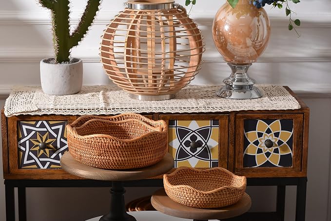 Rattan Bread Baskets Round Woven Fruit Bowls Key Holders Stackable - Image 8