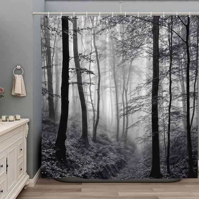 Misty Forest Shower Curtain Black White Foggy Nature Landscape Grey Fantasy Fog by ZZYSKS