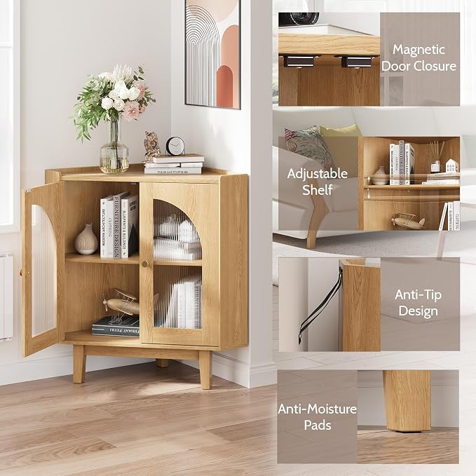 Floor Corner Cabinet with Doors and Shelves, Fluted Storage Cabinet - Image 5