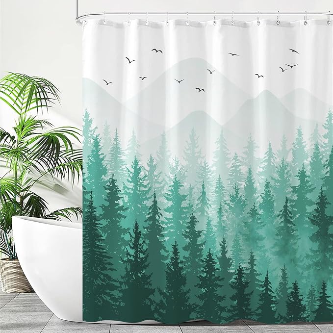 Aipon Teal Misty Forest Shower Curtain Ombre Nature Tree Plants Shower Curtains - Image 4