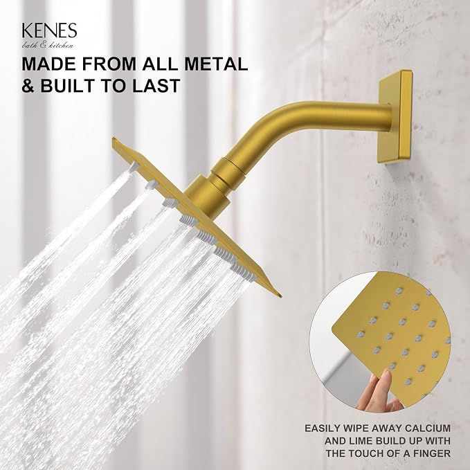 KENES Brushed Gold Shower Faucet, Modern Square 6-Inch Shower Head and Handle - Image 5
