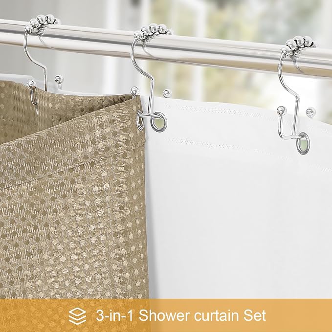 3 in 1 Long Beige Shower Curtain Set-72 W x 78 H, Tan Waffle and PEVA Liner Set - Image 2