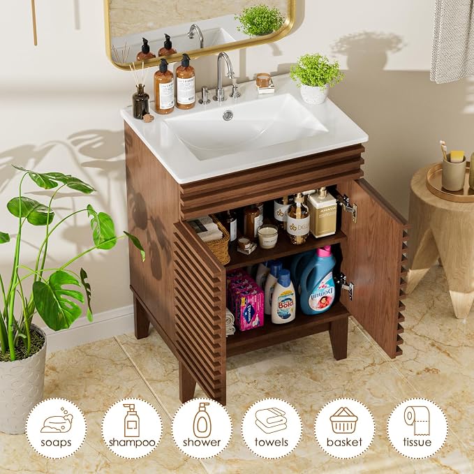 ROOMTEC 24" Walnut Modern Freestanding Bathroom Vanity Sink - Image 5