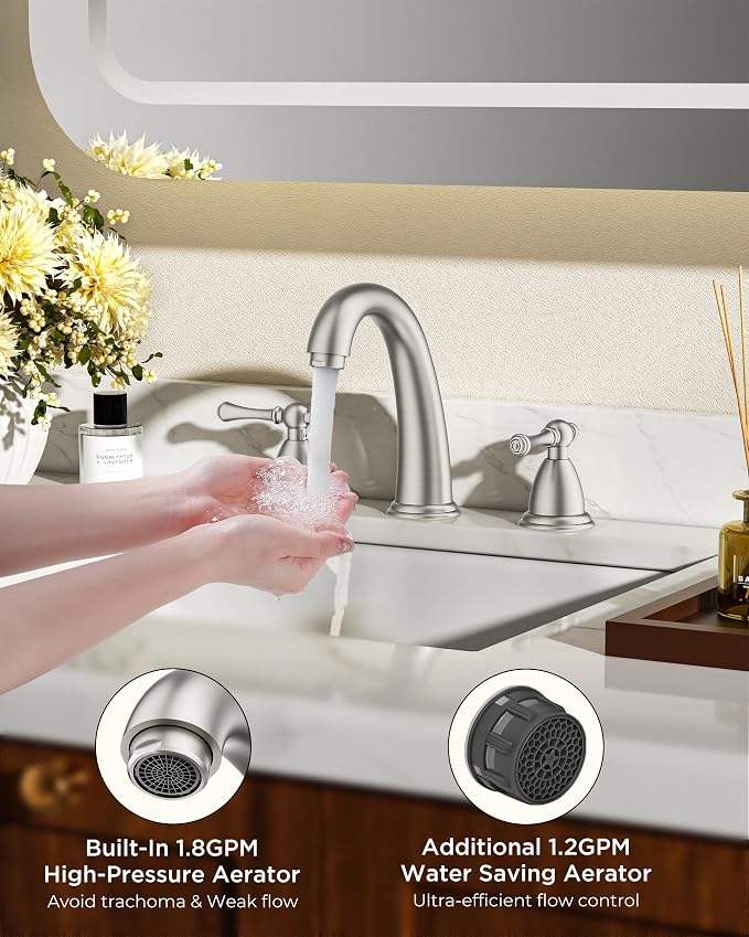 FORIOUS Faucet for Bathroom Sink 3 Hole, Brushed Nickel Bathroom Faucet - Image 4
