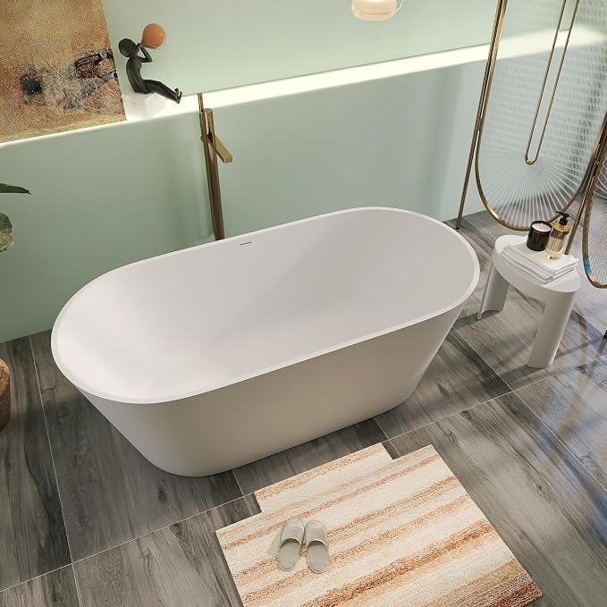 63" Premium Solid Surface Freestanding Bathtubs, Upgraded Oval Stone Resin - Image 2