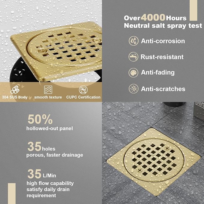 4” Shower Floor Drain Grate Kit Brushed Brass - Image 6
