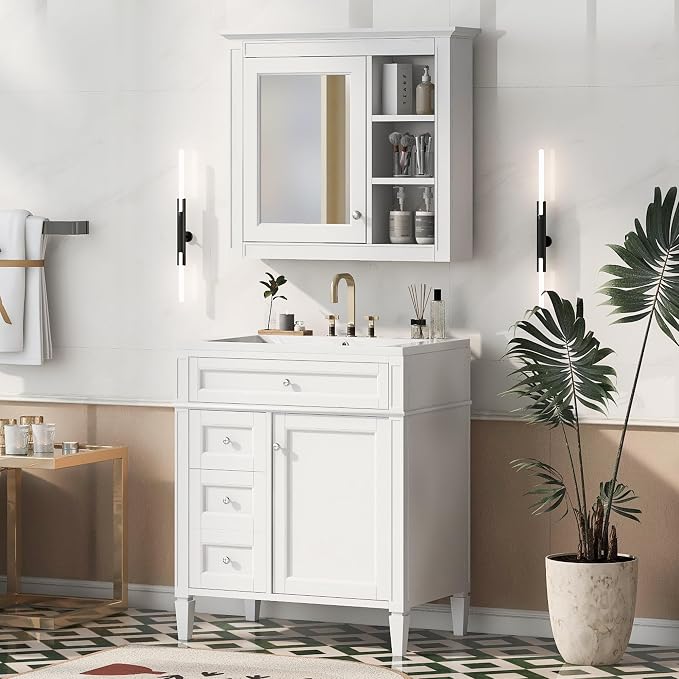 30" Bathroom Vanity with Matching Medicine Cabinet, Modern Sink Storage Cabinet by Virubi