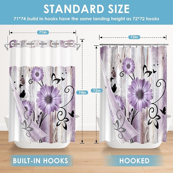 No Hook Purple Flower Shower Curtain - Image 7