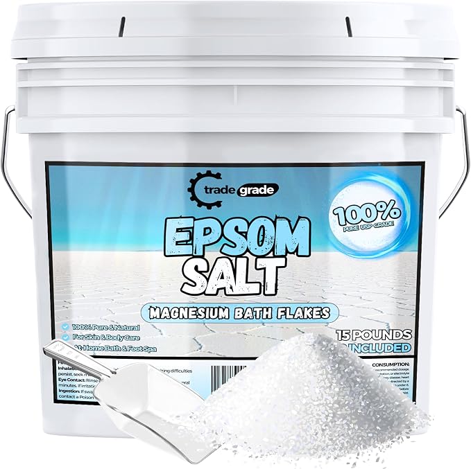 Epsom Salt Bath Soak 15 lb Bucket – Unscented, Pure Epsom Salt Bulk Crystals by TradeGrade