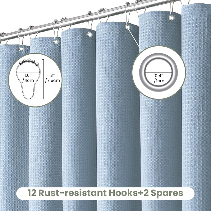 Inhousolu Fabric Shower Curtain Waffle Weave, Fog Blue 230 GSM Heavy Duty - Image 2