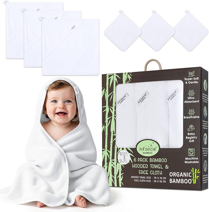Bamboo Hooded Baby Towel with Face Cloth – 3 Hooded Towels & 3 Washcloths – by Infancie