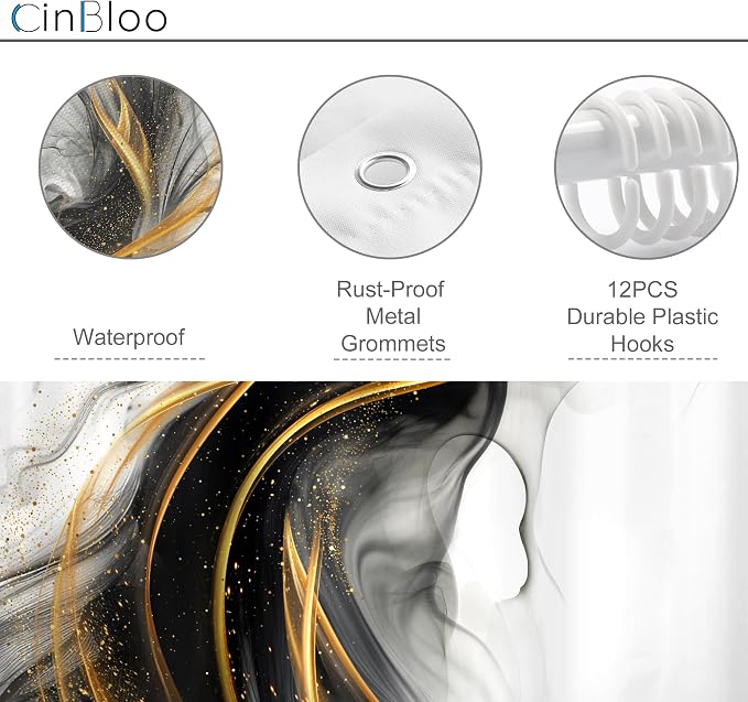 Cinbloo Black and Gold 60Wx72H Shower Curtain Abstract Modern Ombre Grey Golden - Image 5
