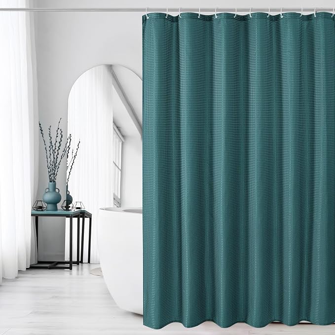 Gibelle Seaweed Green Shower Curtain, Waffle Weave Textured Fabric Shower - Image 6