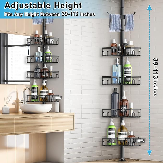 Corner Shower Caddy Tension Pole, 39-113 inch Adjustable Rustproof Floor - Image 2