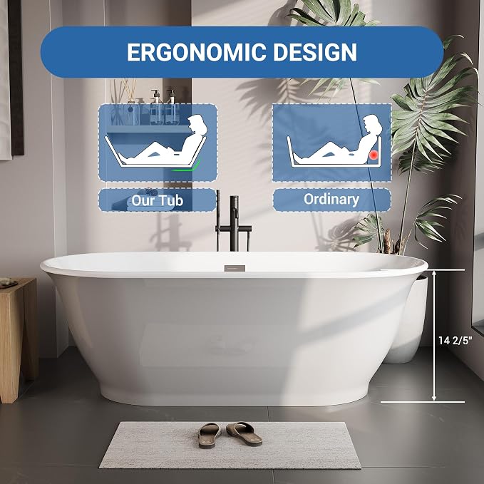 67 in Freestanding Acrylic Bathtub, Luxury Oval-Shaped Soaking Tub, Modern - Image 4