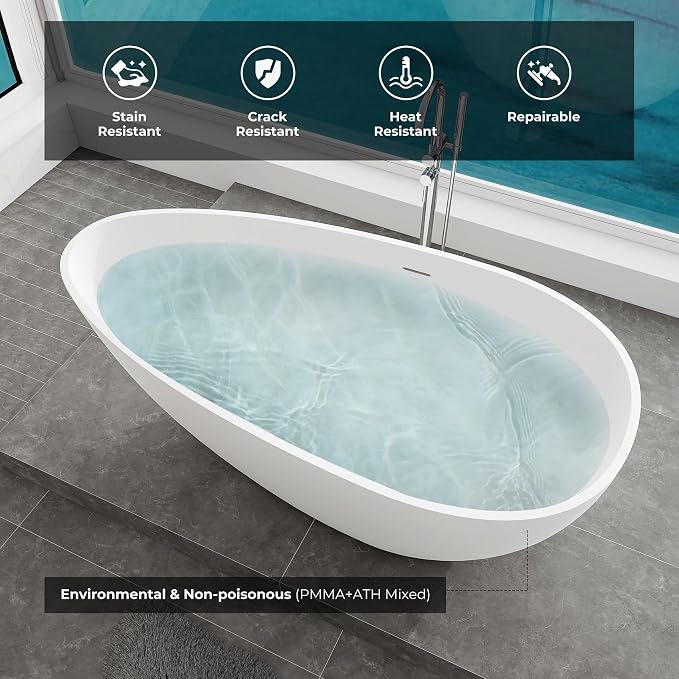 Premium 59" Solid Surface Freestanding Bathtub, Upgraded Oval Stone Resin Egg - Image 3
