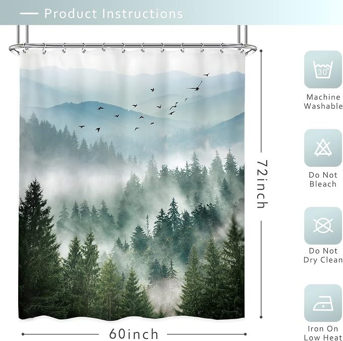 Riyidecor Rustic Green Mountain Shower Curtain - Image 3