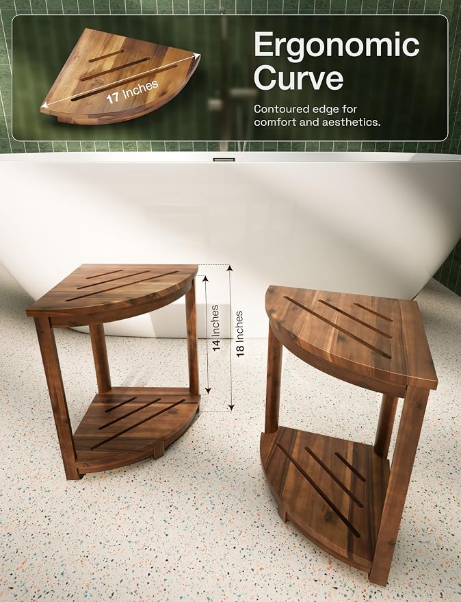 HOLANA 18" Acacia Wood Corner Shower Bench, Corner Shower Stool, Bath Stool - Image 2