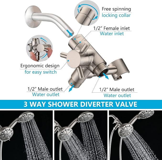PDPBath Solid Brass Shower Arm 3 Way Shower Diverter Valve - Image 2