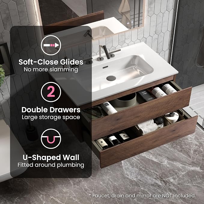 36" Bathroom Vanity with Sink, Modern Floating Vanity with Double Soft Closing - Image 6