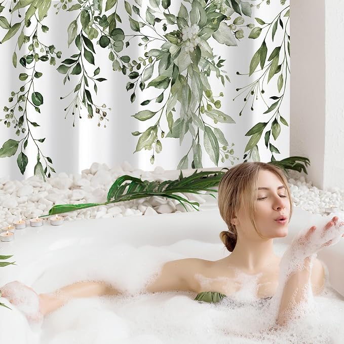 Gibelle Olive Green Eucalyptus Shower Curtain, Watercolor Plant Leaves - Image 2