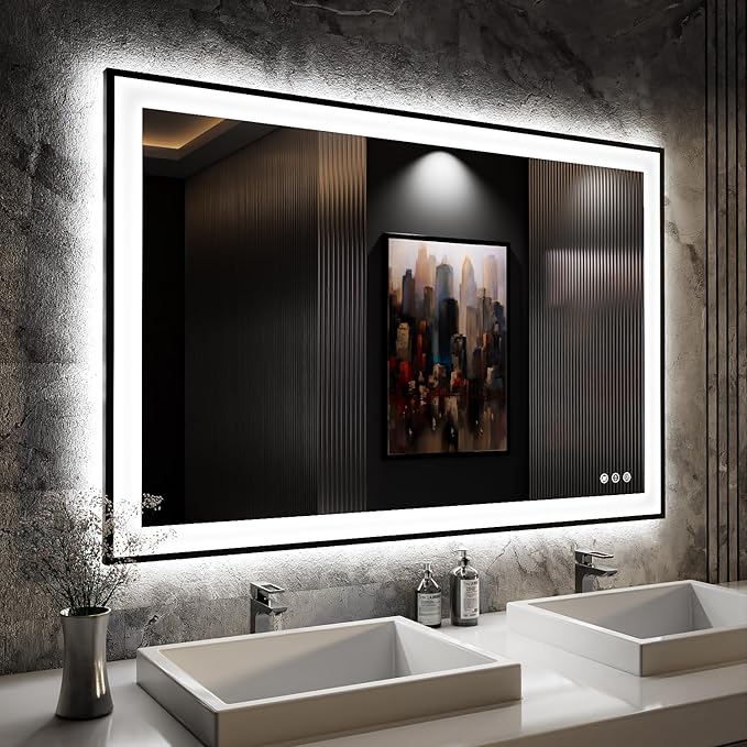 ISKM Framed LED Mirror for Bathroom 48"x32", Dimmable LED Bathroom Mirror by ISKM-IStillKeepMovin