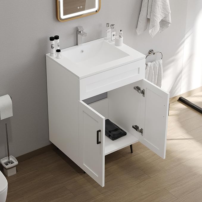 24" Bathroom Vanity with Sink, Freestanding Wooden Bathroom Vanity with 2 Doors - Image 6