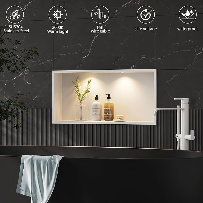 Neodrain Shower Niche with Non-dimmable LED Downlight, 24X12Inch White - Image 3