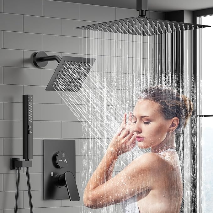 Shower Faucet Set, 3-Setting Push Button Matte Black Shower System, 12 Inch - Image 2