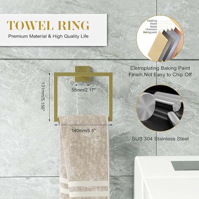 Bathroom Accessory Towel Bar Set: 10 Pieces Gold Bathroom Hardware Square - Image 3