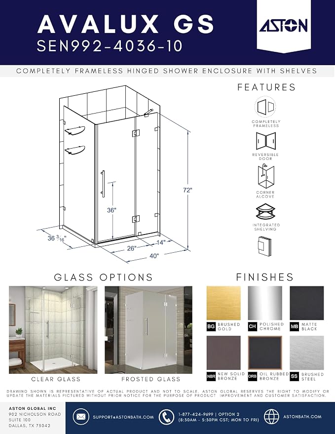 Avalux GS 40 in. W x 36 in. D x 72 in. H Rectangular Pivot Frameless Corner - Image 3
