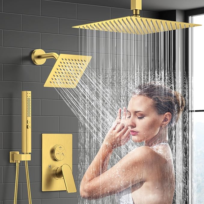 Shower Faucet Set, 3-Setting Push Button Brushed Gold Shower System, 12 Inch - Image 2
