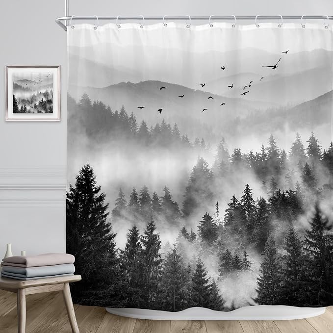 Riyidecor Black and White Shower Curtain 72Wx72H Inch Mountain Scenery Nature - Image 3