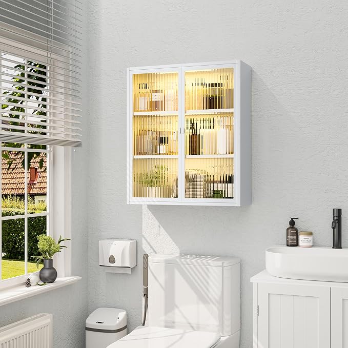 Bathroom Medicine Cabinet with Glass Doors & Sensor LED Lights, Over Toilet - Image 2