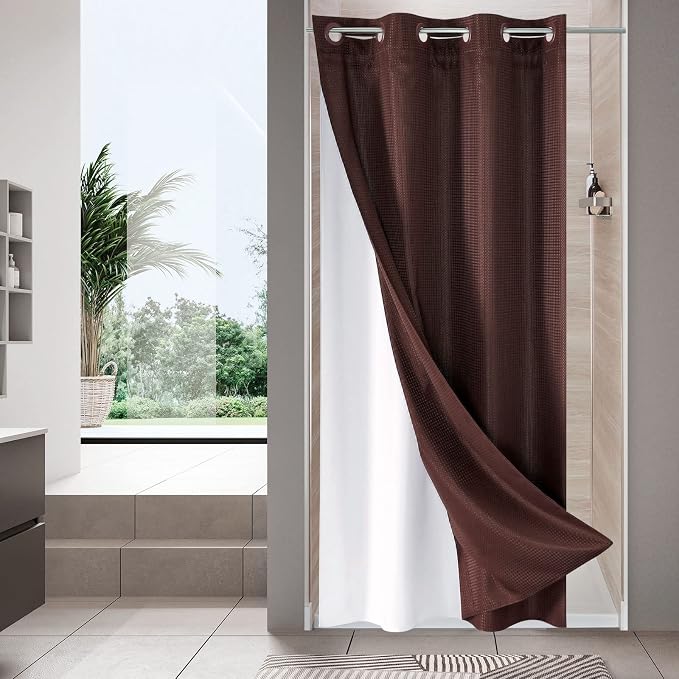 MitoVilla Brown Waffle Small Stall Shower Curtain Liner Set 36 x 74, No Hooks by MitoVilla