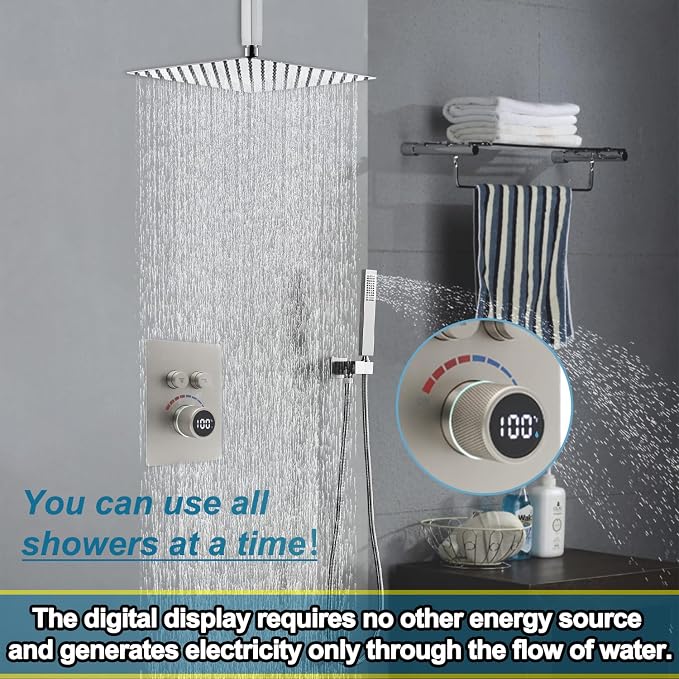 Digital Display Shower System Set 16 Inches Rain Fall Head Temperature Valve - Image 3