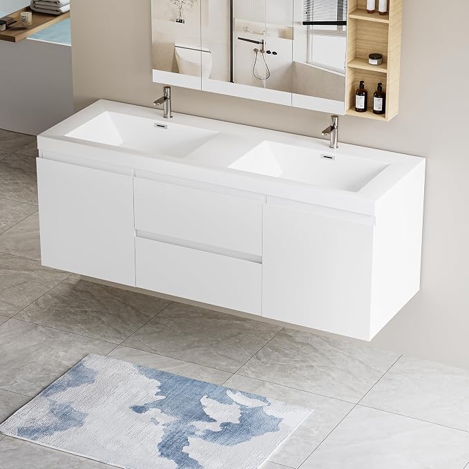60-Inch Floating Bathroom Vanity, Modern Wall-Mounted Bathroom Storage Vanity - Image 7