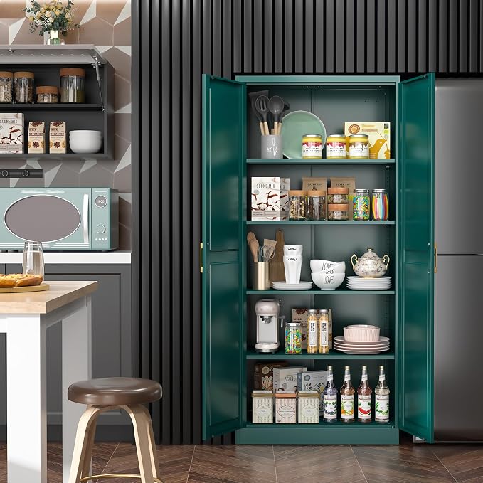 Kitchen Pantry Cabinet, 71”Green Metal Pantry Storage Cabinets - Image 4
