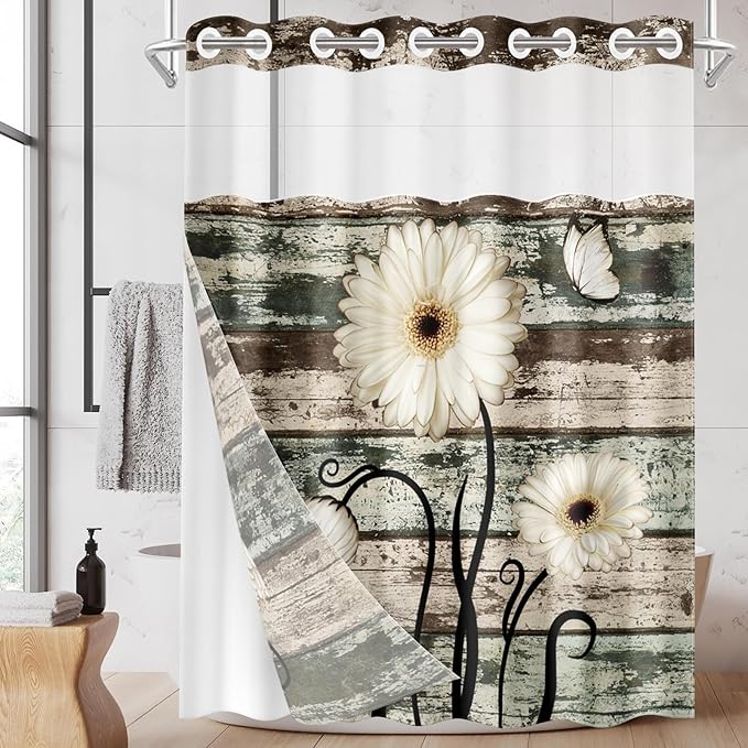No Hook Vintage Flower Shower Curtain by Nesphy