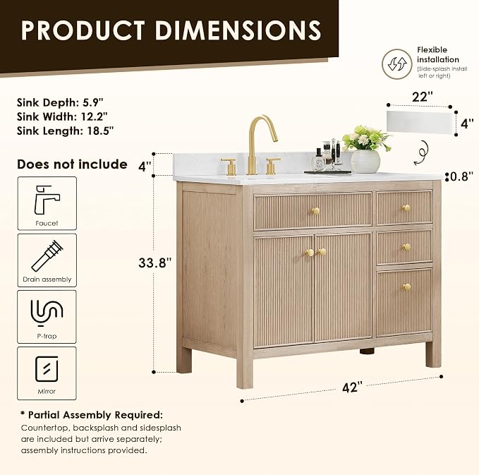 ALTAIR 42 Bathroom Vanity with Sink Mordern Pedestal Single Vanities Large - Image 2